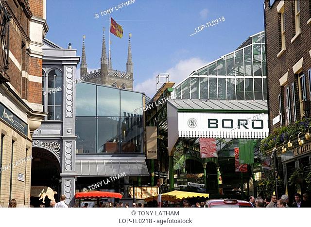 England, London, Borough Market, A view of Borough Market and the city skyline