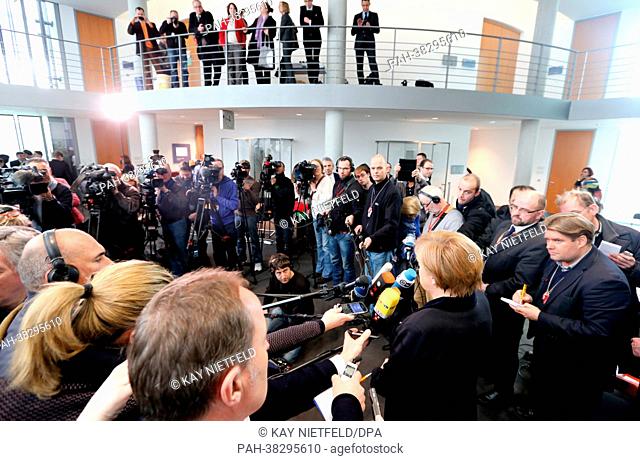 German Chancellor Angela Merkel speaks to the media after attending the European Affairs Committee of the German Bundestag parliament at Paul Loebe House in...