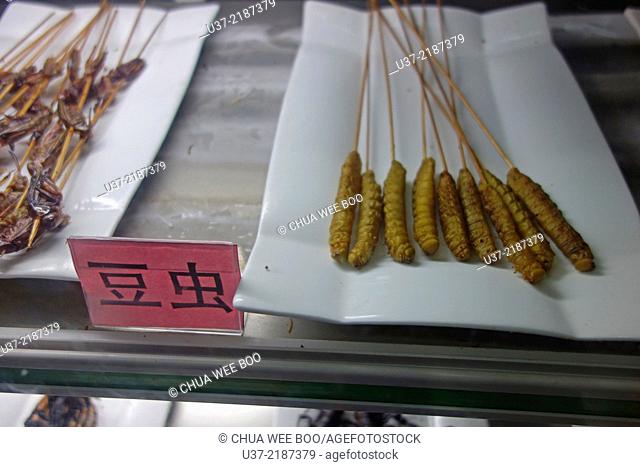 Fried caterpillars at Xiao Song City, Zhengzhou, Henan, China