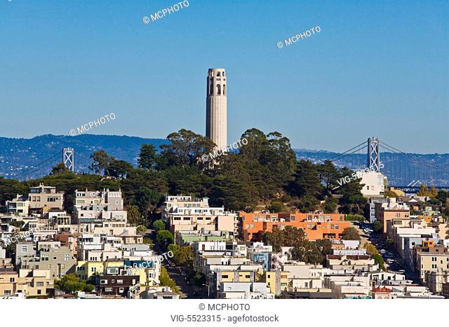 COIT TOWER, TELEGRAPH HILL and the BAY BRIDGE - SAN FRANCISCO, CALIFORNIA - San Francisco, USA, 01/01/2016