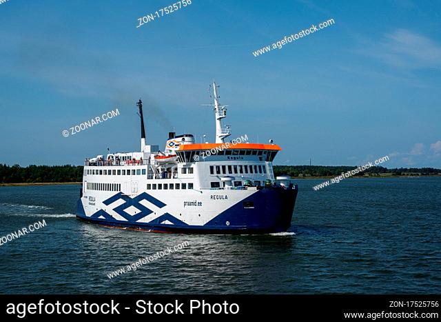 Kuihatsu, Estonia - 13 August, 2021: view of the passenger ferry traveling from Saaremaa Island to Virtsu on the Estonian mainland