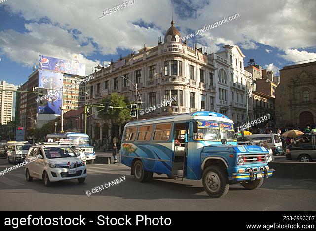 Colorful local bus near Plaza De San Francisco at the historic center, La Paz, Bolivia, South America