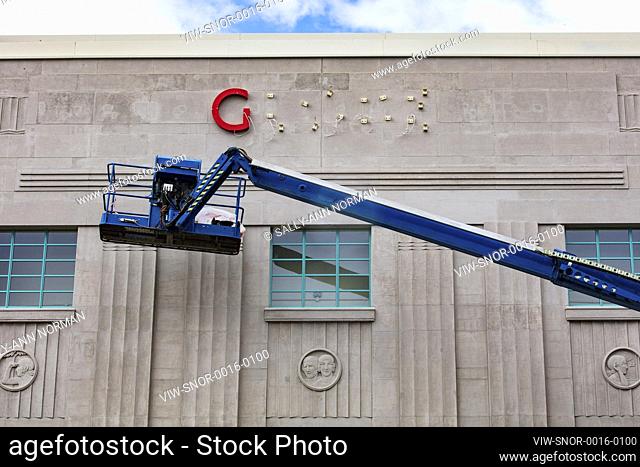 The Globe sign being fitted. Stockton Globe under construction, Stockton-on-Tees, United Kingdom. Architect: Space Group Architects, 2021