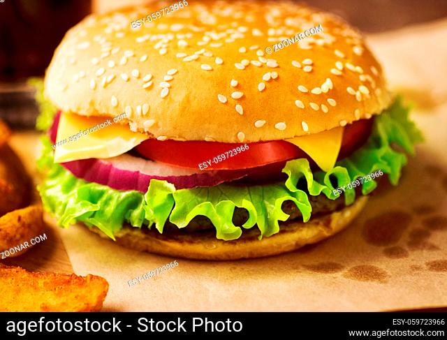 Fresh tasty burger and french fries on served paper close-up on restaurant table