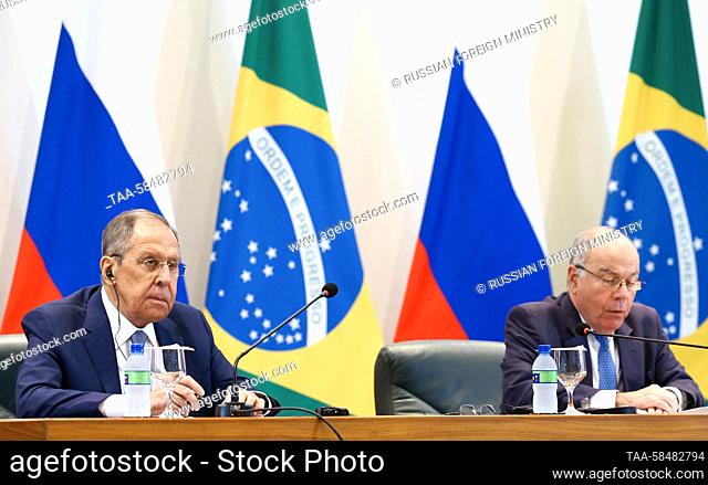 BRAZIL, BRASILIA - APRIL 17, 2023: Russia's Foreign Minister Sergei Lavrov (L) and Brazil's Foreign Minister Mauro Vieira give a joint press conference...