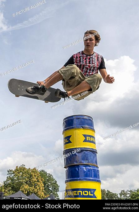 03 September 2023, Saxony, Dresden: Bruo Kurt Damm during a training jump during the 26th East German Skateboard Championship