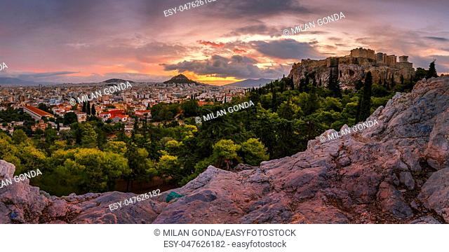 Acropolis and panoramic view of the city of Athens, Greece.