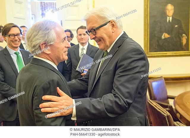 German Federal Minister of Foreign Affairs Frank-Walter Steinmeier (R) speaks with the chairman of the US Senate Committee on Foreign Relations, Bob Corker