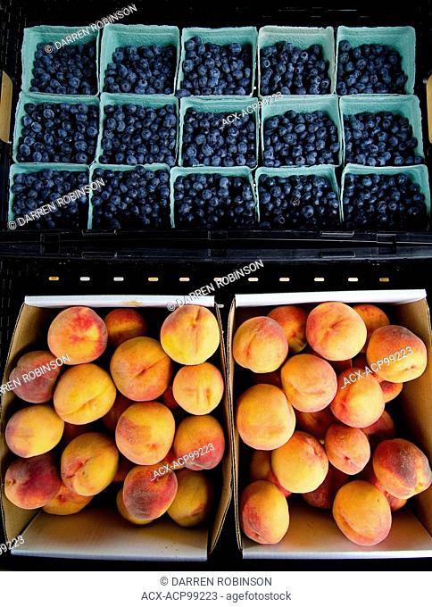 Peaches and blueberries found at the fruit stand at Tree To Me in Keremeos, in the Similkameen region of British Columbia, Canada
