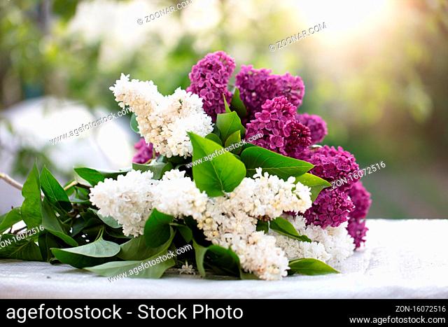 Spring or summer background. A bouquet of lilacs on the table. Beautiful flowers on a green background