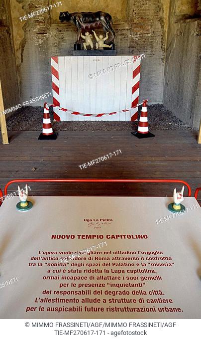 Exhibition ' From Duchamp to Cattelan ' artwork Nuovo Tempio Capitolino by Ugo La Pietra at Palatino, Rome, ITALY-27-06-2017