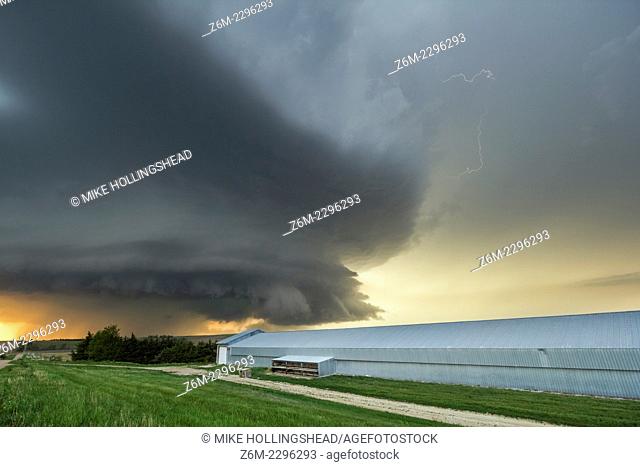 Supercell storm moves over farm land in central Nebraska