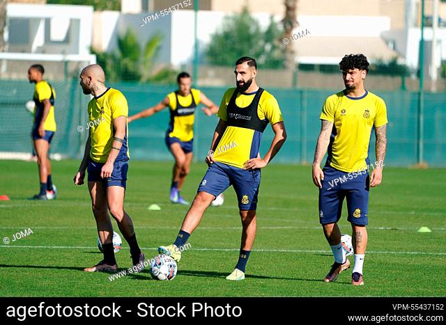 Union's Teddy Teuma, Union's Jose Rodriguez and Union's Cameron Puertas Castro pictured during a training session at the winter training camp of Belgian first...