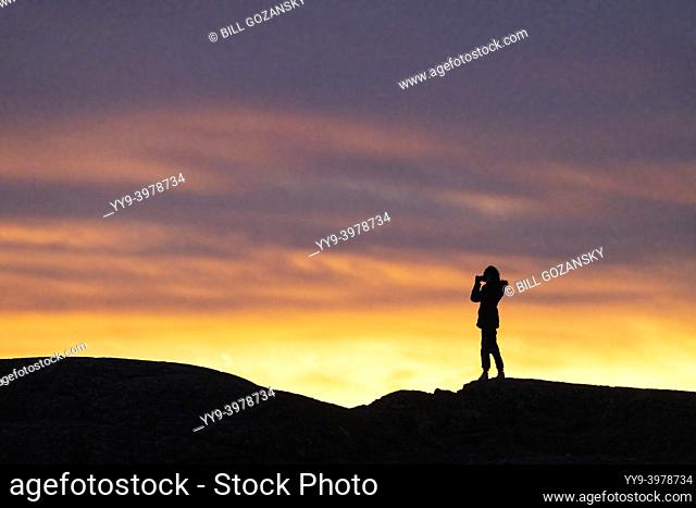 Person taking pictures of the sunset. Uplands Park in Oak Bay - Victoria, Vancouver Island, British Columbia, Canada