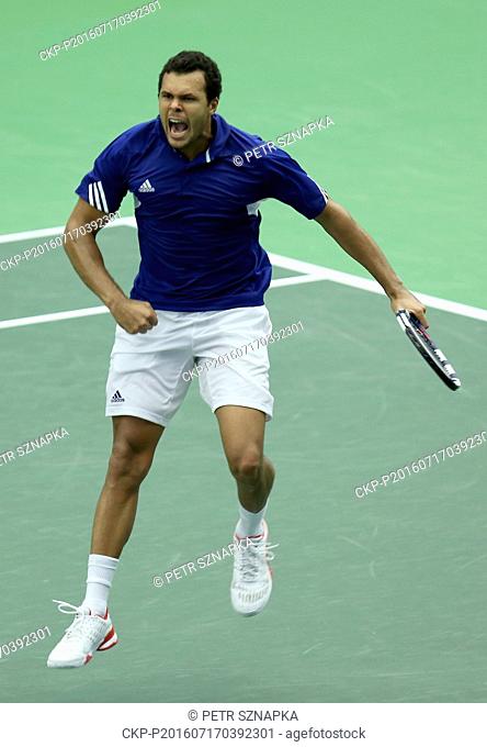French Jo-Wilfried Tsonga plays against Czech Jiri Vesely during the single game at the Davis Cup tennis tournament quarterfinal between the Czech Republic and...