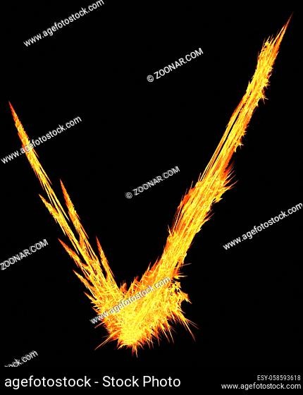 Fire streak checkmark shape special effect abstract, dark background, vertical, isolated