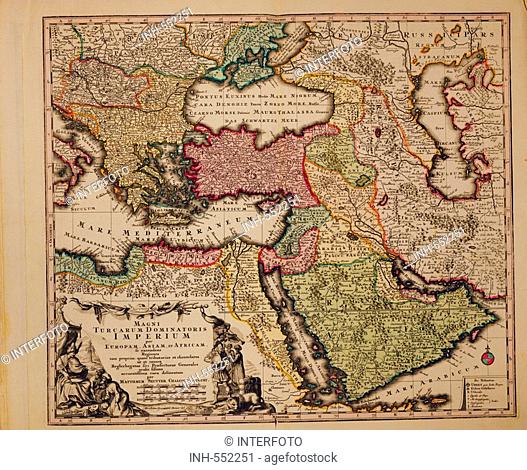 cartography, maps, Ottoman Empire, copper engraving, Atlas Novus by Georg Matthaeus Seutter, printed by Peter von Bhelen, Vienna, 1728, private collection, map