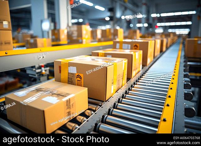 Packages on conveyor belt in industrial logistics center, automated mechanized logistics. Packaging service and parcels transportation system concept