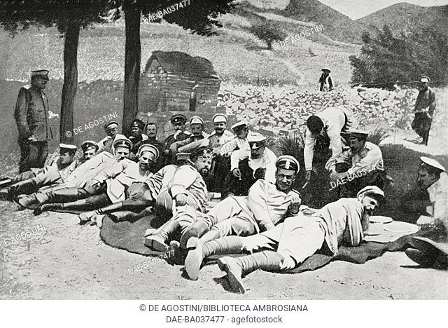 Bivouac of Russian soldiers retreating from Yan-tai at Mukden (Shenyang), China, Russo-Japanese war, photograph by L Bouet and Laubert