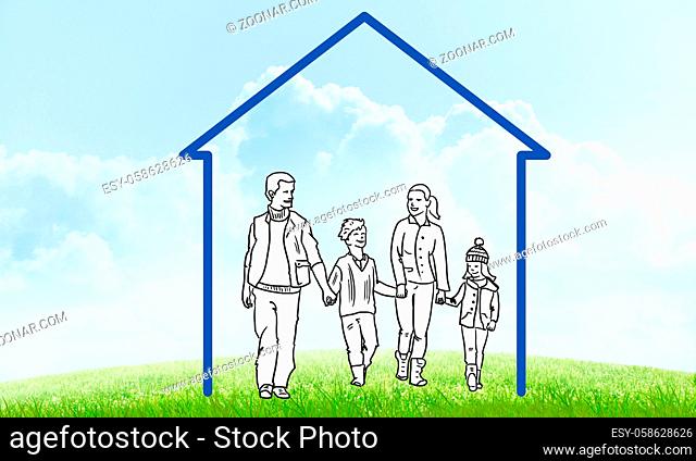 House figure as real estate symbol on clouds background