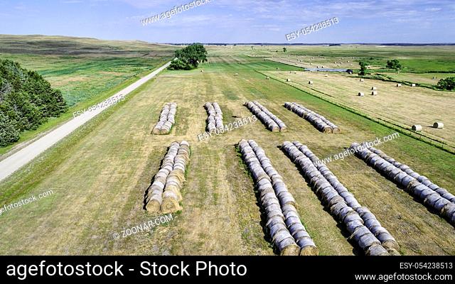 farmland with hay bales in Nebraska Sandhills -aerial view