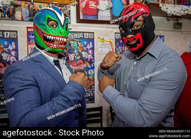 MEXICO CITY, MEXICO - JULY 14: Wrestlers Raptor and Mala Sangre during a Press Conference to promote a wrestling event at the Lopez Mateos Arena to celebrate...