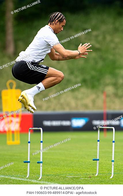 03 June 2019, Netherlands, Venlo: Leroy Sane trains with the national team in the De Koel stadium. The national football team will play against Belarus (8