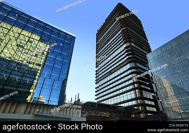 Office buildings at AZCA financial district. Madrid, Spain. Located next to Paseo de la Castellana, AZCA complex was completed in the 90â