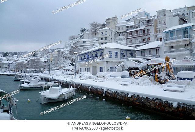 Winter has taken hold of the habour town of Skopelos on the island of Skopelos, Greece 08 January 2017. Unusually severe winter weather has caused chaos over...