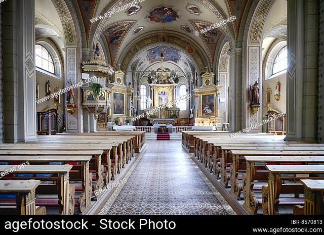Interior photograph, nave and chancel, parish church of San Cristina in Val Gardena, Santa Cristina, Val Gardena, South Tyrol, Italy, Europe