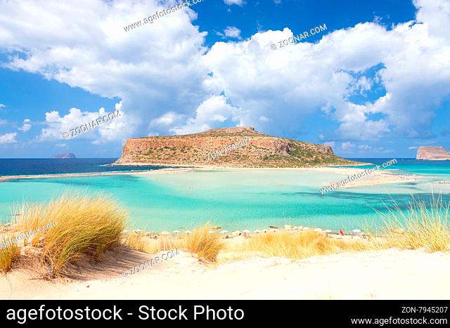 Breathtaking panorama of Balos beach and lagoon and Gramvousa island on Crete, Greece. Cap tigani in the center