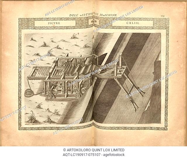 Mobile Brückenkonstruktion (4), Mobile Bridge Construction, Copper Engraving, Fig. CXLIII, p. 229, 1588, Agostino Ramelli: Le diverse et artificiose machine del...