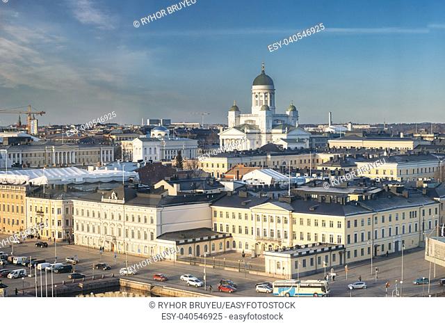 Helsinki, Finland. Aerial View Street With Presidential Palace And Helsinki Cathedral In Winter Day. View From Height