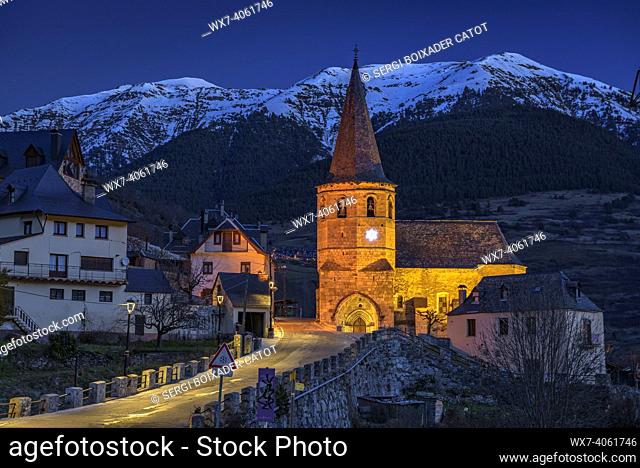 Sant Martin de Tours Church, in Gausac, in a winter blue hour (Aran Valley, Catalonia, Spain, Pyrenees)