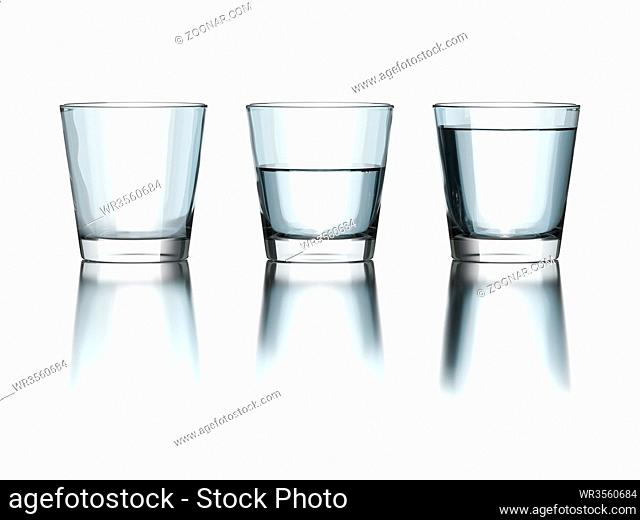 tree water glasses empty half and full philosophy 3d illustration