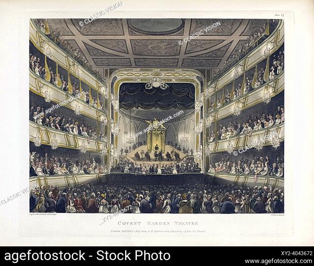 Covent Garden Theatre. Circa 1808. After a work by August Pugin and Thomas Rowlandson in the Microcosm of London, published in three volumes between 1808 and...