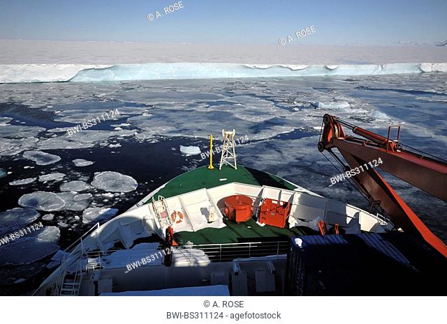 panoramic view over the bow of a research vessel at the edge of the disintegrated iceshelf in the 'Larsen A' area, Antarctica