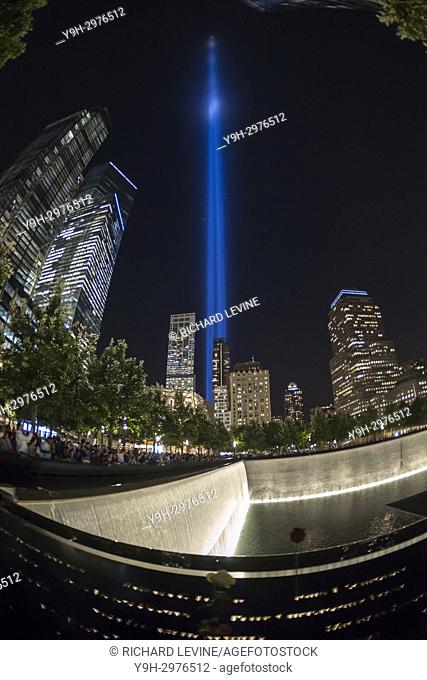 The Tribute in Light shines over the 9/11 Memorial in New York on Monday, September 11, 2017 for the 16th anniversary of the September 11