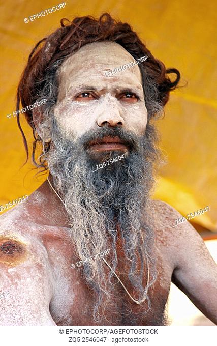 Naga Sadhu with body ash close up Maharaj Kumbh Mela, Nasik, Maharashtra, India