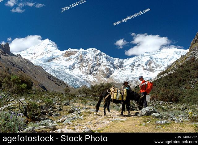 Ishinca Valley, Ancash / Peru - 18. June 2016: mountain climber discusses wages and rates with a local muleskinner or arriero for transporting climbing...