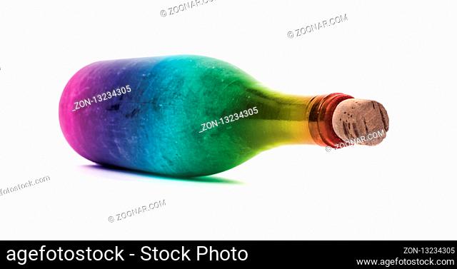 Old bottle of wine, covered in dust, selective focus, isolated on white