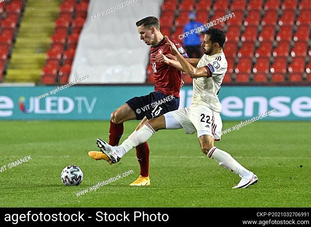L-R Lukas Provod of Czech and Nacer Chadli of Belgium in action during the World Cup qualifier group E: Czechia vs Belgium in Prague, Czech Republic