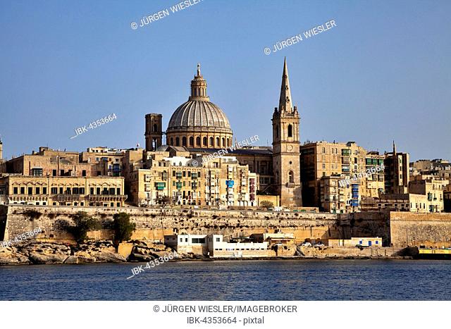 View of Sliema, St. Pauls Cathedral and Carmelite Church, Marsamxett Harbour, Valletta, Malta
