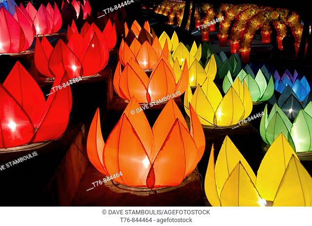lotus lanterns along the riverside in Chiang Mai Thailand