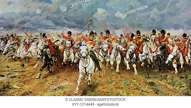 Scotland Forever  The Royal Scots Greys charge at Waterloo  Painting by Lady Elizabeth Butler  From The World's Greatest Paintings, published by Odhams Press