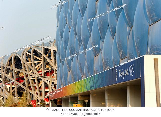 Bird's Nest National Stadium and Watercube National Swimming Centre, 2008, Olympic Green, Beijing, China, Asia