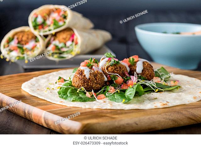 Vegan Falafel Wrap With Salsa and salad