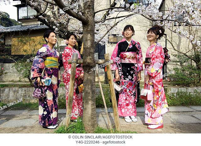 Ladies in Kimono, Tetsugaku Michi, Philosophers Walk, Kyoto, People Blossom viewing, Spring sunshine. Higashiyama, highlite, Horizontal, Kyoto tradition