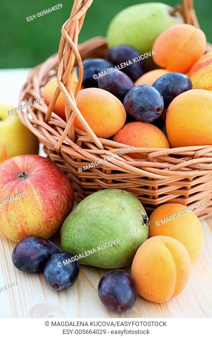 Basket filled with aplpes, pears, apricots and plums