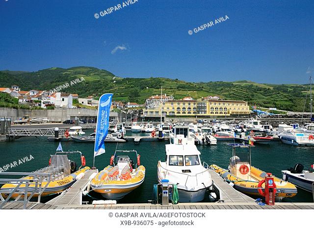 Whale watching boats in the marina, at Vila Franca do Campo  Sao Miguel island, Azores, Portugal
